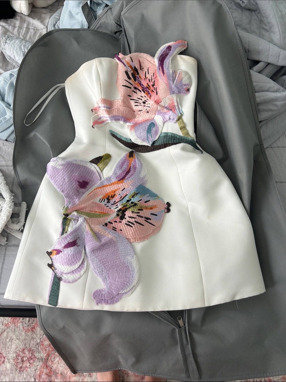 White Strapless Mini Dress with Pink & Lavender Floral Appliqué